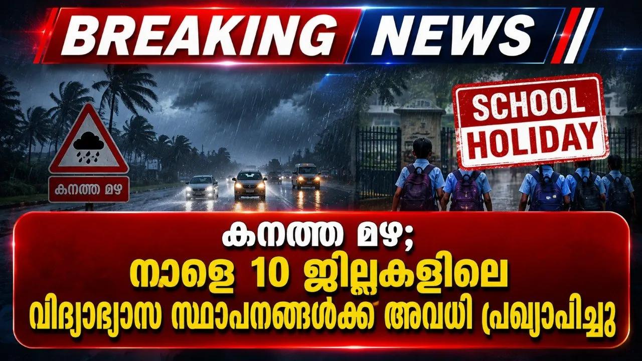 കനത്ത മഴ; നാളെ 10 ജില്ലകളിലെ വിദ്യാഭ്യാസ സ്ഥാപനങ്ങൾക്ക് അവധി പ്രഖ്യാപിച്ചു